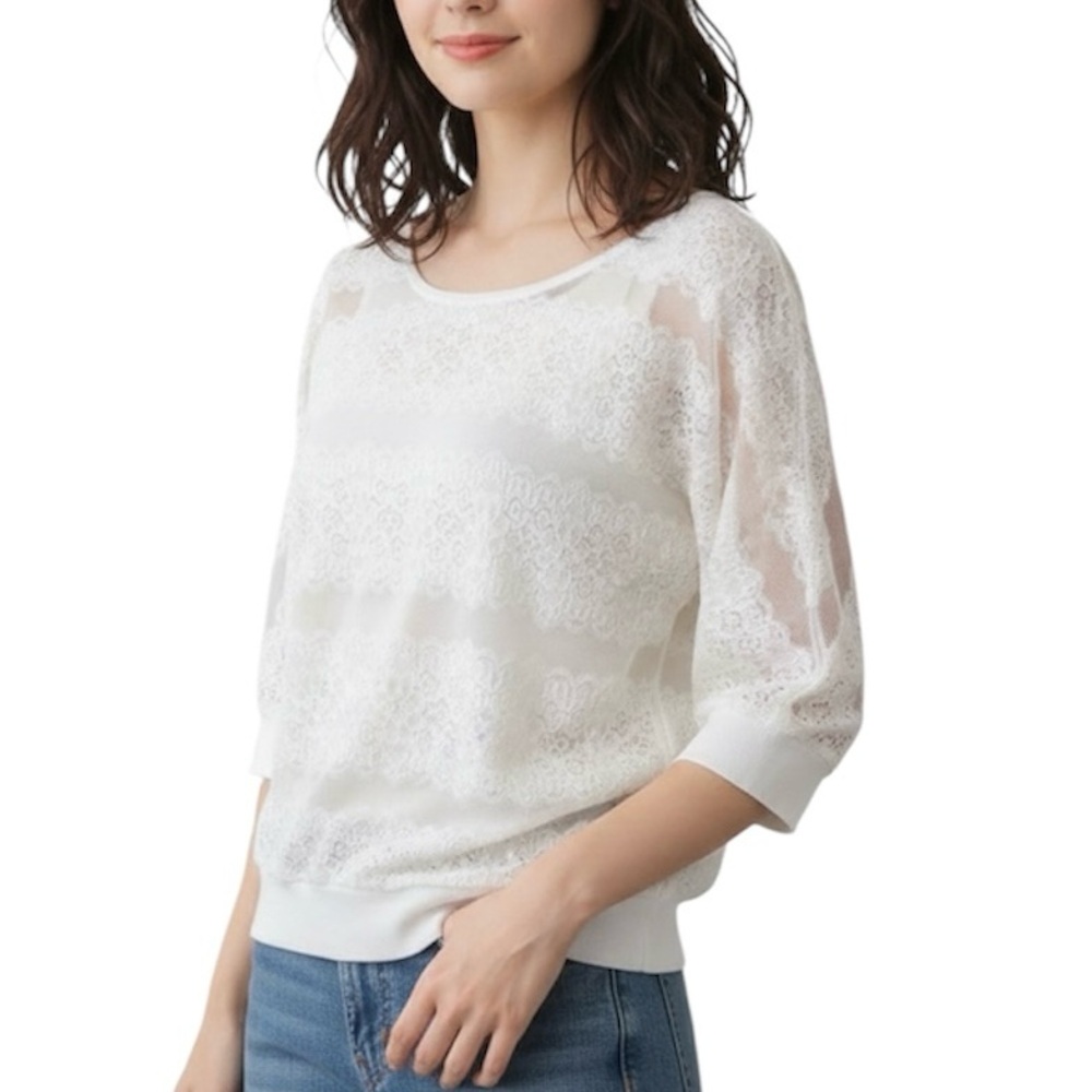 Forever 21 White Sheer Lace Top Elbow Sleeve S 4 6 90s Y2K Romantic Feminine